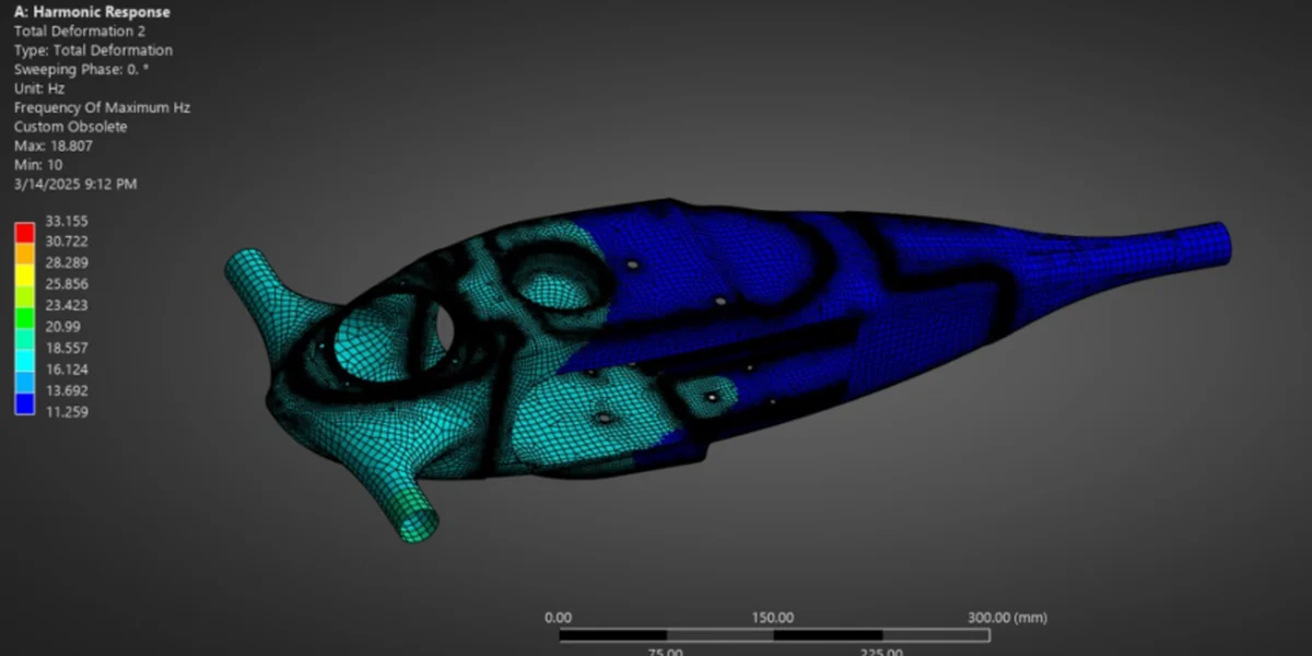 ANSYS harmonic-response contour of the UAV fairing over 10-600 Hz, showing the deformation envelope concentrated on the nose and boom roots