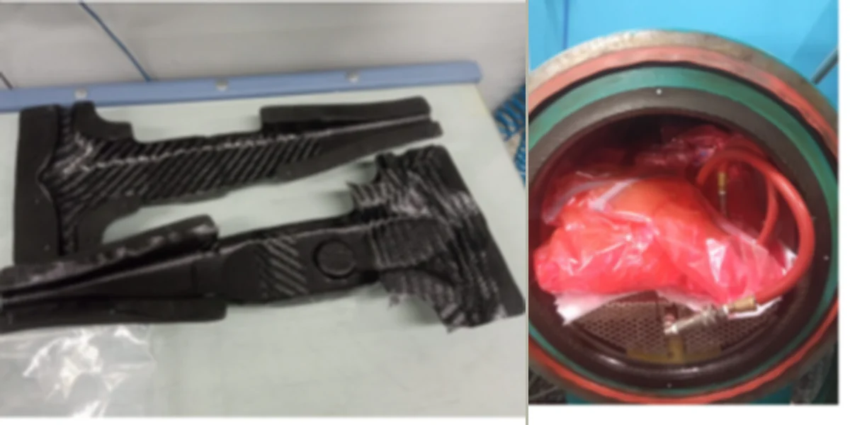 Cured CFRP fairing shells on the bench after demoulding, and the vacuum-bagged part loaded in the autoclave